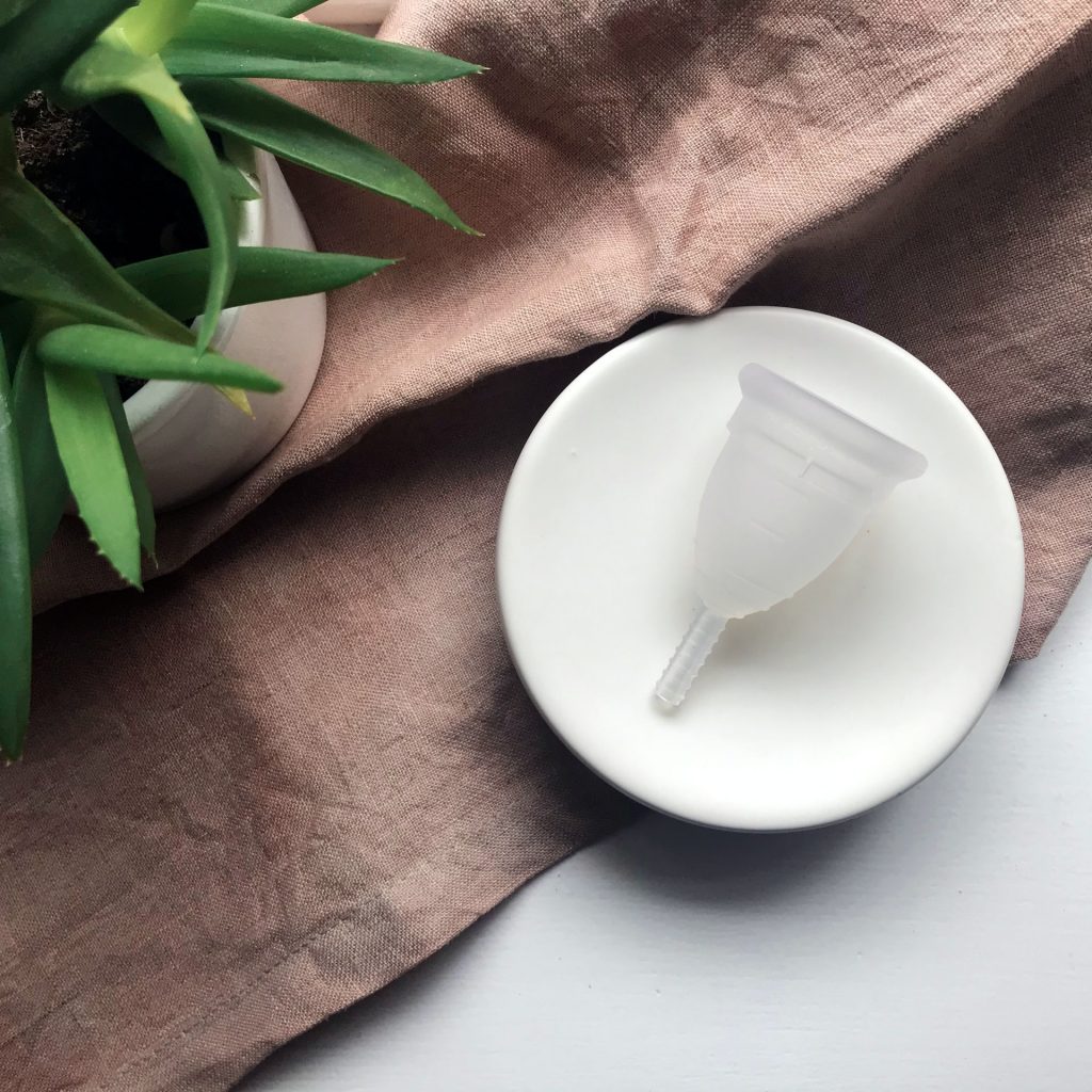 A menstrual cup sits on a white dish, with a small plant to the upper left. Some people swear that one of the best period tips is to switch to The Cup.
