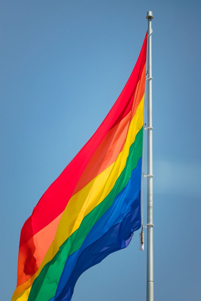 A photo of a rainbow pride flag standing tall in the wind. Supporting the queer community is one of the types of volunteer work closest to my heart as a trans and queer person, myself.