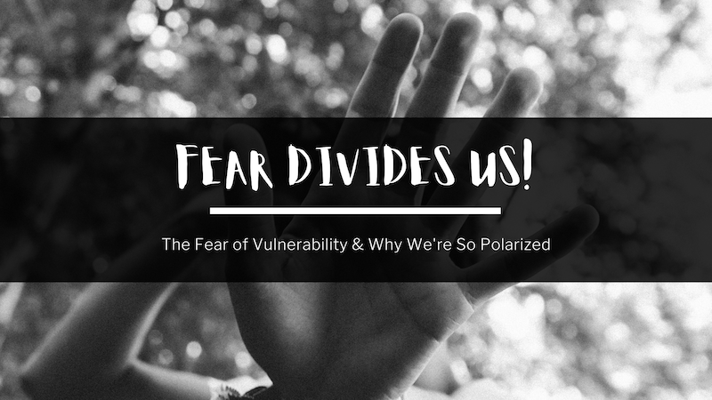 In the background, a black and white photo of someone putting their hand out to block the camera. In the foreground, text reads: Fear divides us! The fear of vulnerability and why we're so polarized.